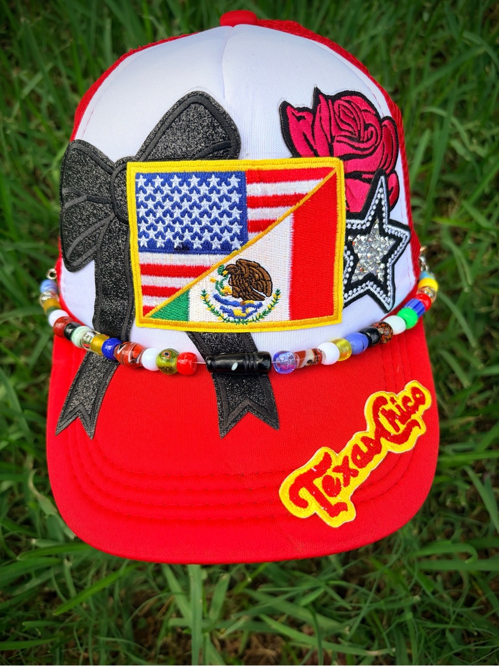 Patchwork Red & White Beaded Flag Cap with Embroidered Appliqués